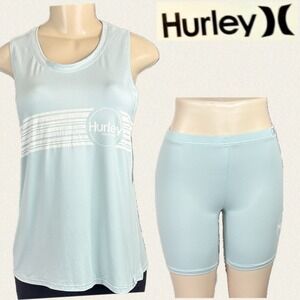 Hurley Womens 2 Piece Loungewear Set Blue Logo Tank Top Biker Shorts Size L